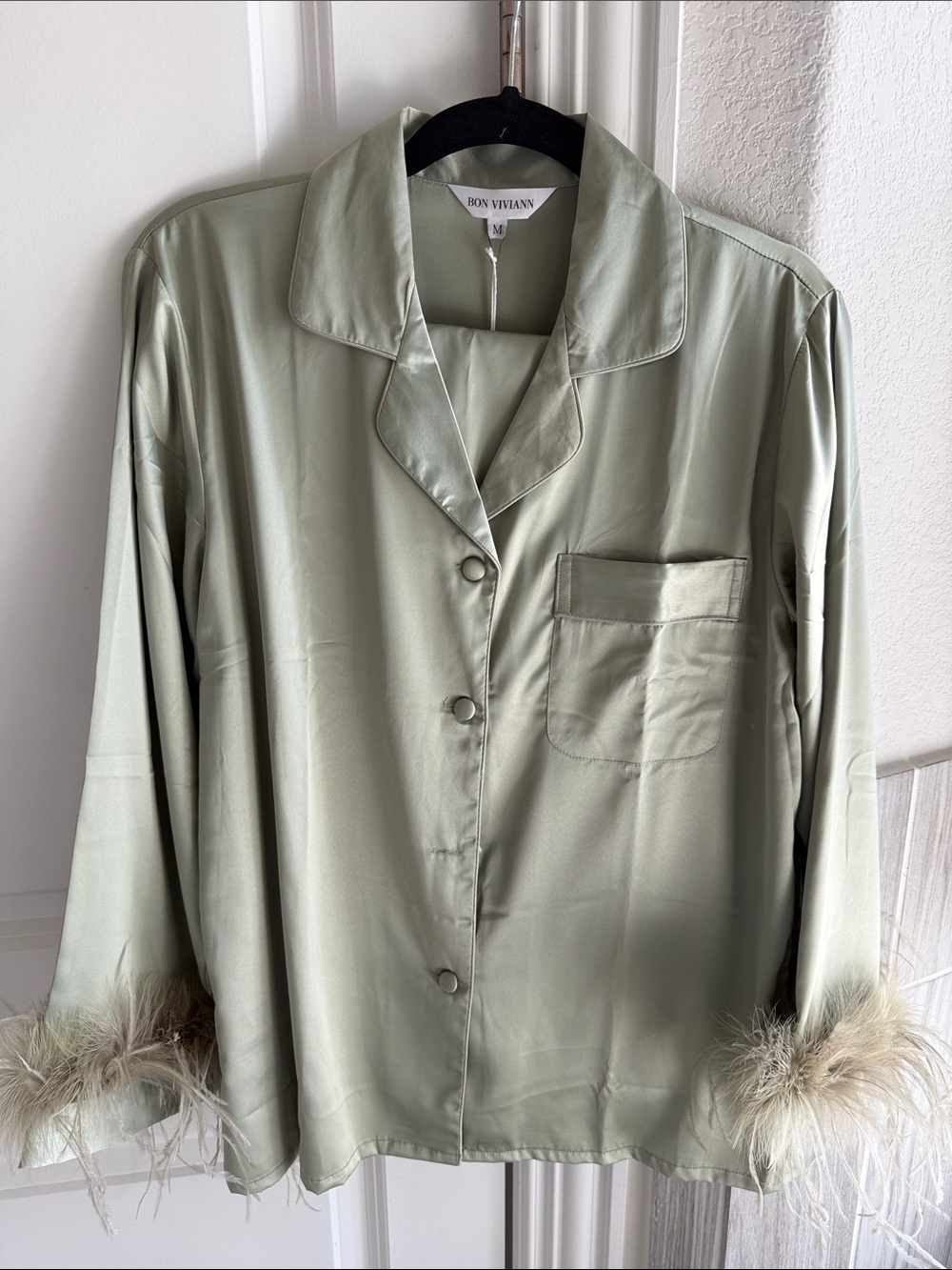 Bon Vivian Sage Green Satin Feather-Cuff Jacket
